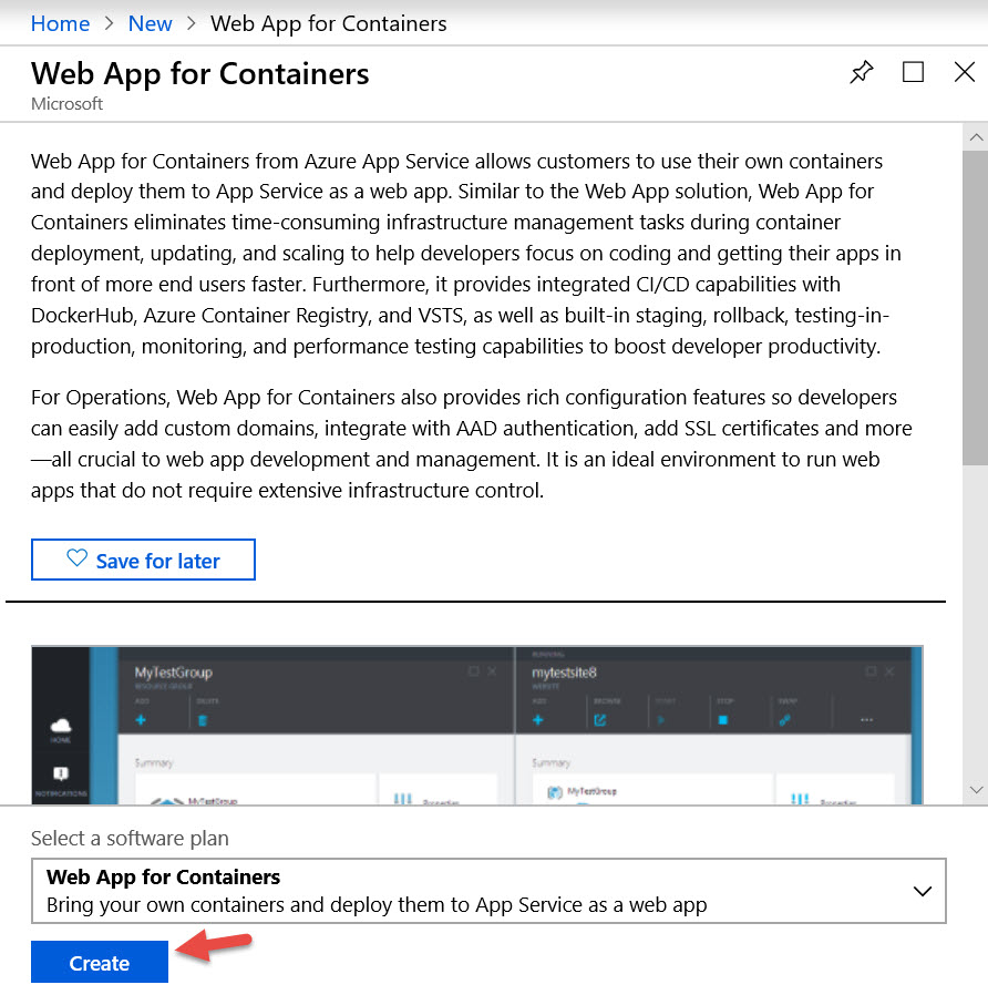 Web App for Containers resource information blade in Azure Portal.