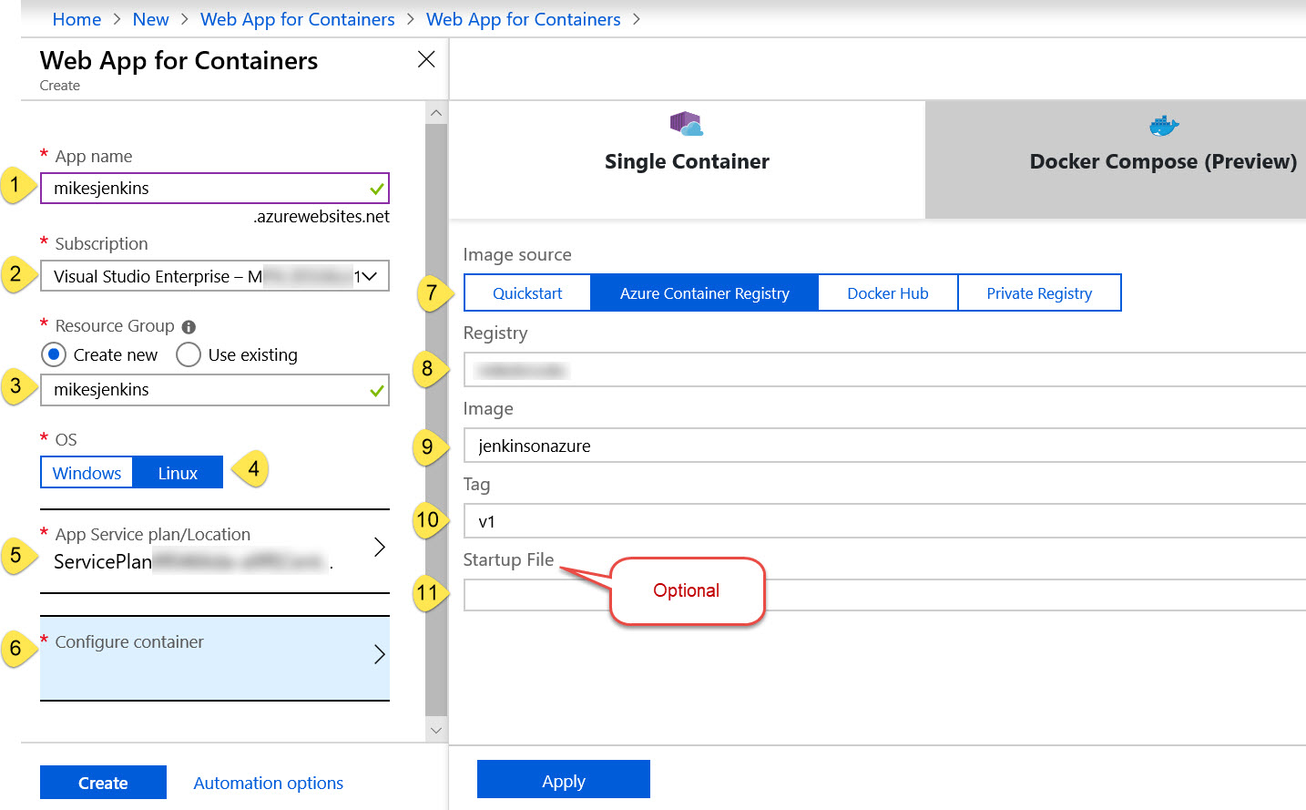 Web App for Containers parameter entry blade in Azure Portal.