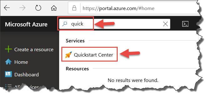 Azure Portal Search for Quickstart Center